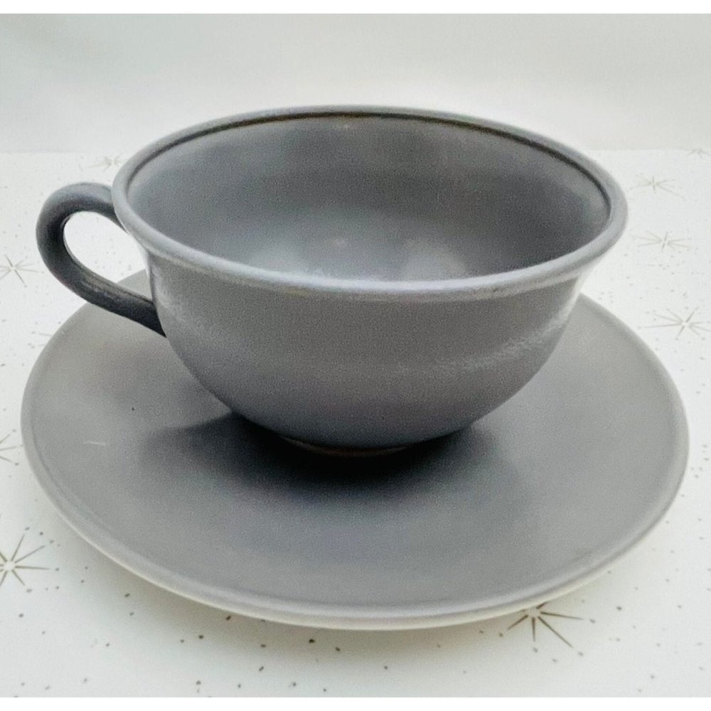 Hazel Atlas cup and saucer, Platonite, Ovide pattern, grey colored milk glass